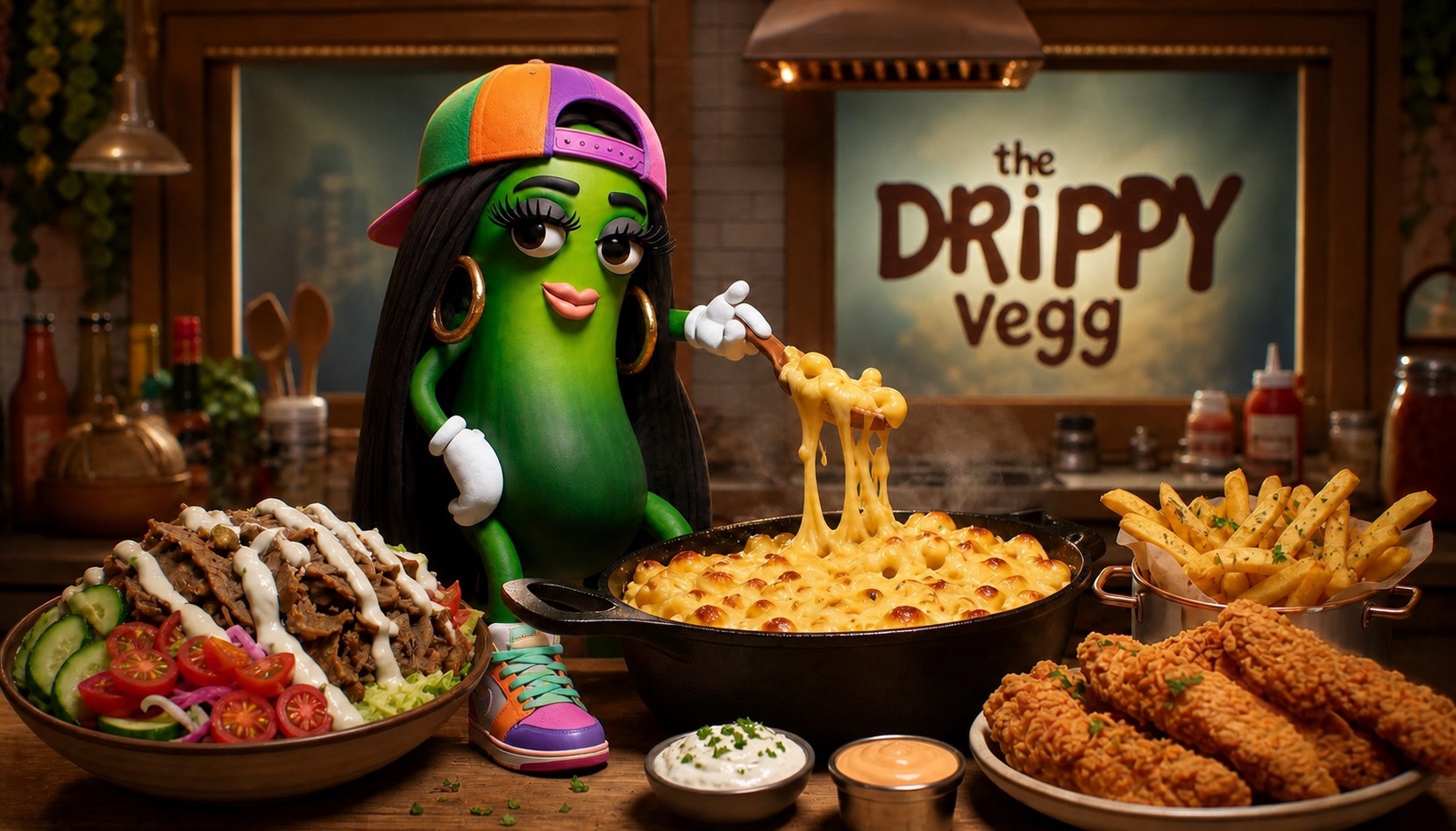 The Drippy Vegg mascot in the kitchen — a chef-driven green veggie serving gourmet mac and cheese