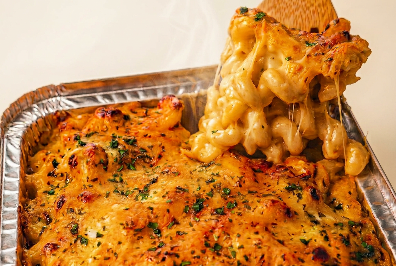 Gourmet mac and cheese being scooped from a tray — The Drippy Vegg, Puyallup WA